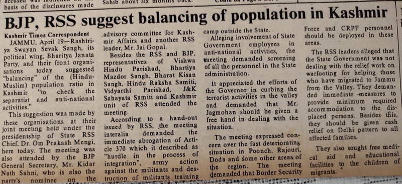 BJP, RSS suggest “balancing” population in Kashmir